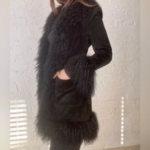 Vintage Mongolian lamb fur trim suede coat